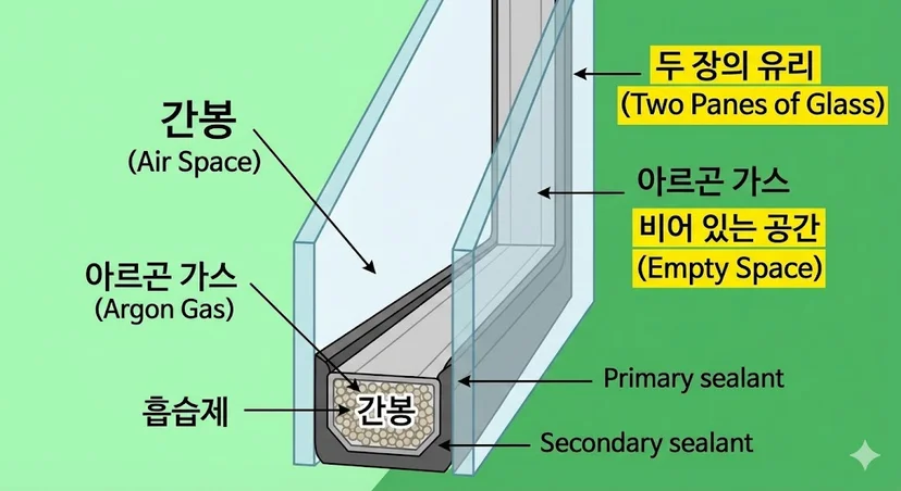 두 장의 유리와 그 사이에 밀폐된 공기층(또는 가스층), 그리고 간봉으로 이루어진 페어글라스의 상세 구조를 단면도로 보여줍니다.