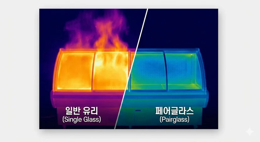 열화상 카메라 이미지를 통해 일반 유리와 페어글라스 쇼케이스의 열 차단 성능 차이를 극명하게 보여줍니다.