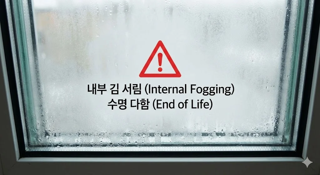 페어글라스 내부 공기층에 습기가 차서 뿌옇게 변한 모습을 보여주어, 교체 시기를 알리는 중요한 신호임을 강조합니다.