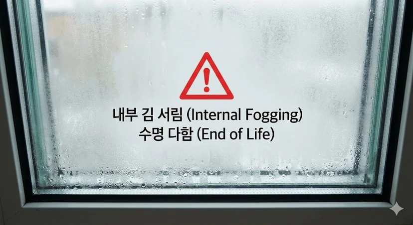 페어글라스 내부 공기층에 습기가 차서 뿌옇게 변한 모습을 보여주어, 교체 시기를 알리는 중요한 신호임을 강조합니다.