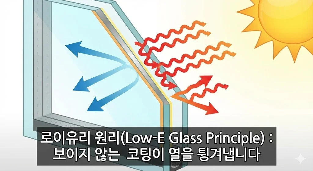 로이유리의 특수 코팅이 외부의 열을 반사하여 내부 온도를 효과적으로 유지하는 원리를 알기 쉬운 그림으로 설명합니다.