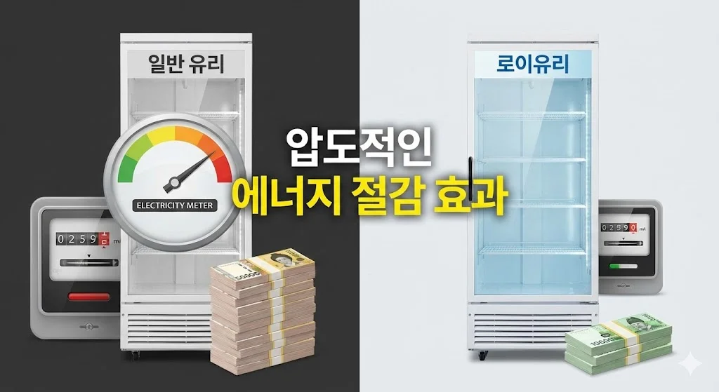 일반 유리 쇼케이스와 비교하여 로이유리 쇼케이스가 얼마나 많은 전기 요금을 절약할 수 있는지 시각적으로 비교하여 보여줍니다.