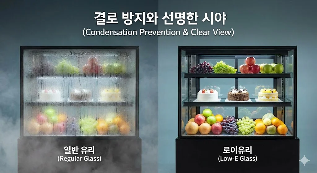 습도가 높은 날에도 로이유리 쇼케이스는 결로 없이 깨끗한 시야를 유지하여 상품을 돋보이게 한다는 점을 비교 이미지를 통해 강조합니다.
