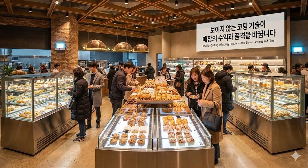 로이유리가 적용된 깨끗하고 선명한 쇼케이스를 통해 매장의 품격이 높아지고 고객 만족도가 향상되어 성공적인 비즈니스로 이어지는 모습을 담은 결론 이미지입니다.