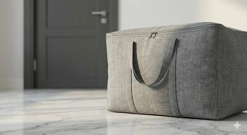 Blue laundry collection bag standing neatly by a gray studio door.