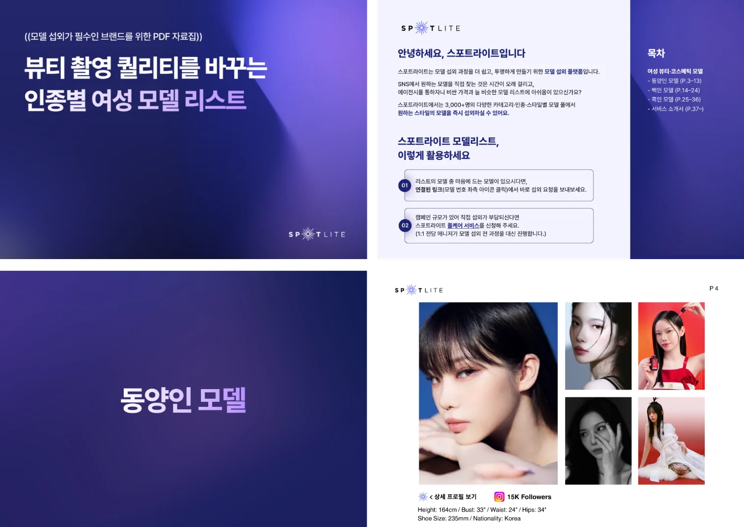 모델 섭외 플랫폼 스포트라이트에서 공개한 뷰티 촬영 퀄리티를 바꾸는 인종별 여성 모델 리스트 자료집 PDF 예시