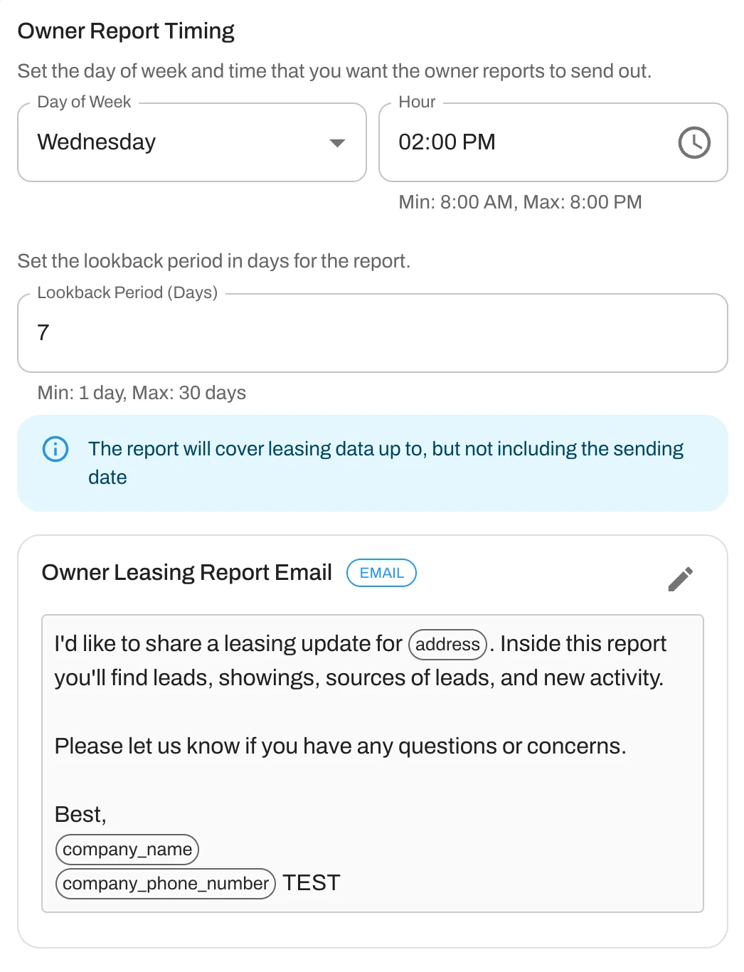 Set up automated delivery schedules for your owner reports. 