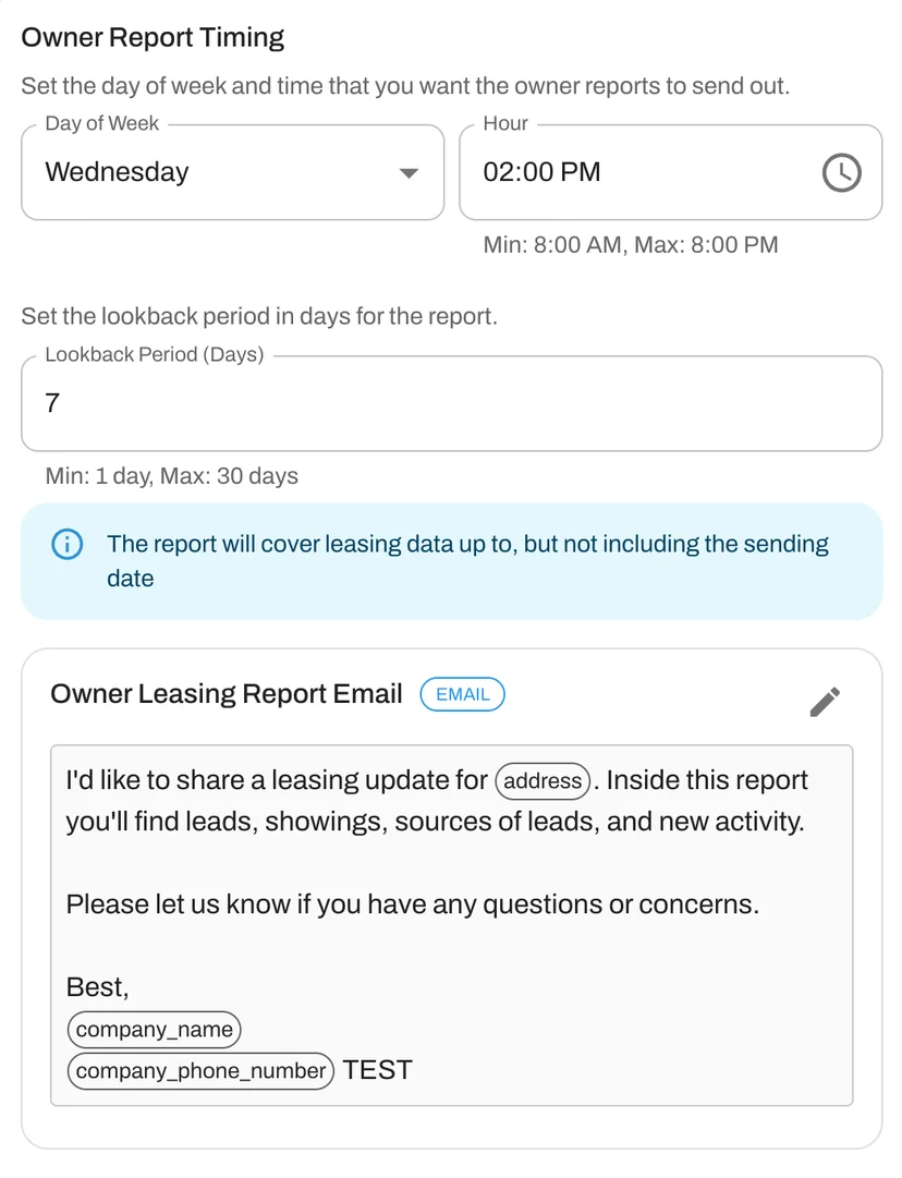 Set up automated delivery schedules for your owner reports. 