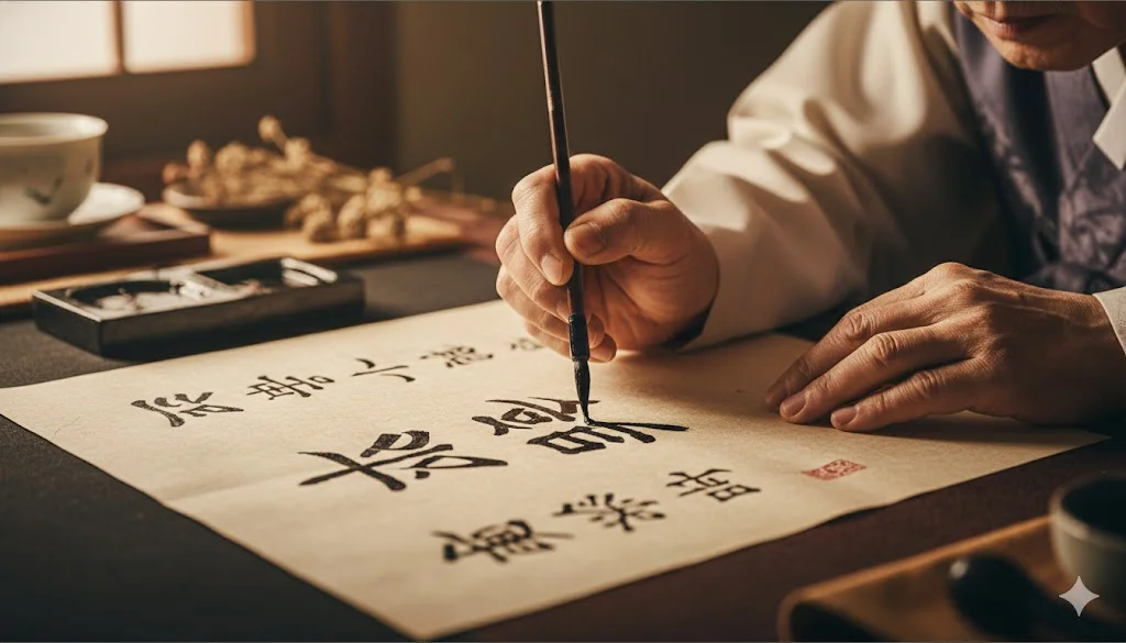 A Saju master meticulously analyzing a destiny chart.