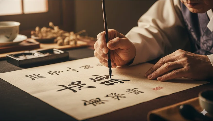 A Saju master meticulously analyzing a destiny chart.