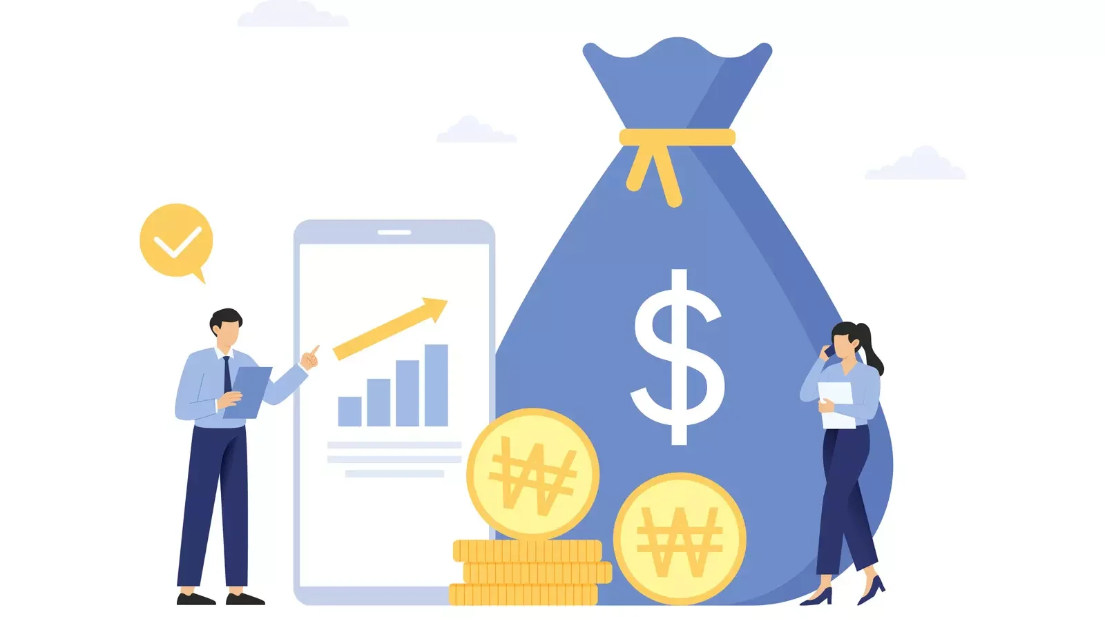 대형 달러 자루와 원화 코인 더미 앞에 선 두 명의 비즈니스 전문가, 상승하는 막대그래프와 화살표가 표시된 스마트폰 화면, 체크 표시가 된 말풍선과 구름 배경의 그래픽 요소