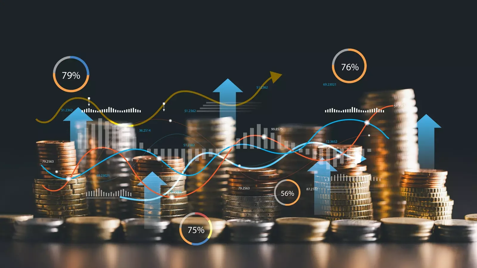 어두운 배경에 쌓여 있는 동전 더미들, 그 위로 중첩된 다채로운 색상의 선 그래프와 막대그래프, 백분율($\%$)이 표시된 원형 차트와 위를 향한 파란색 화살표 디지털 오버레이