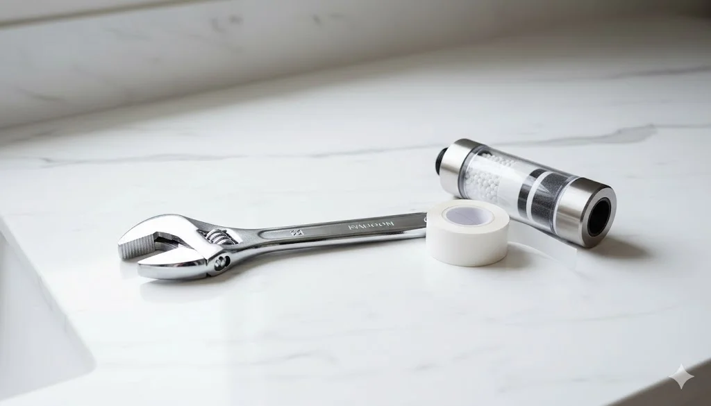 Metal wrench and filter placed on white marble surface.