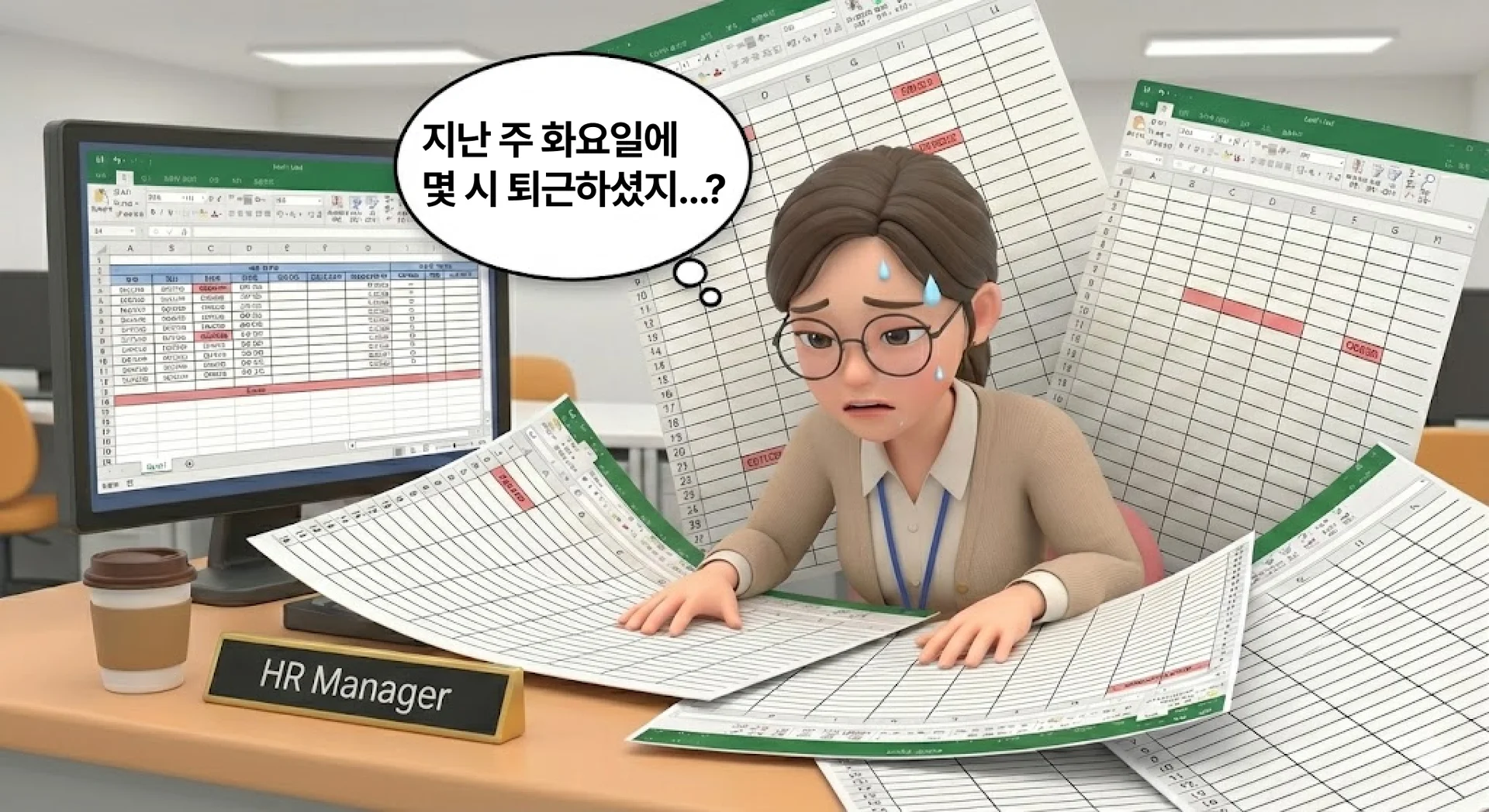 엑셀에 둘러쌓인 인사담당자의 모습