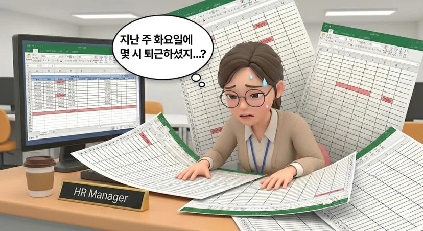 엑셀에 둘러쌓인 인사담당자의 모습