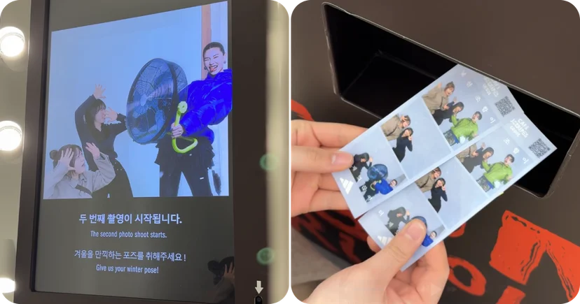 아디다스 성수 ‘CAFÉ 3 STRIPES SEOUL’에서 포토부스 촬영 후 AI가 화보 비주얼과 사용자를 합성한 이미지를 생성하고, 결과물이 공간 LED에 노출되는 WE-AR 인터랙티브 사례