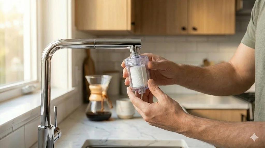 Person attaching a clear water filter to chrome faucet.