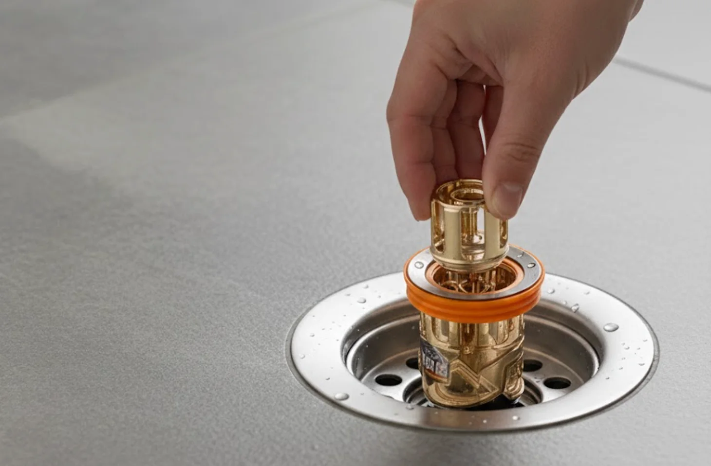 Inserting a gold-toned drain trap into a floor drain.