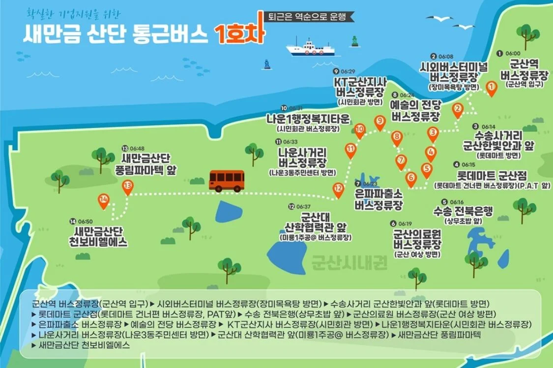 새만금 산업단지 통근버스 1호차 운행 노선도입니다. 현재 총 7대의 통근버스가 새만금 산단을 오가고 있어요.