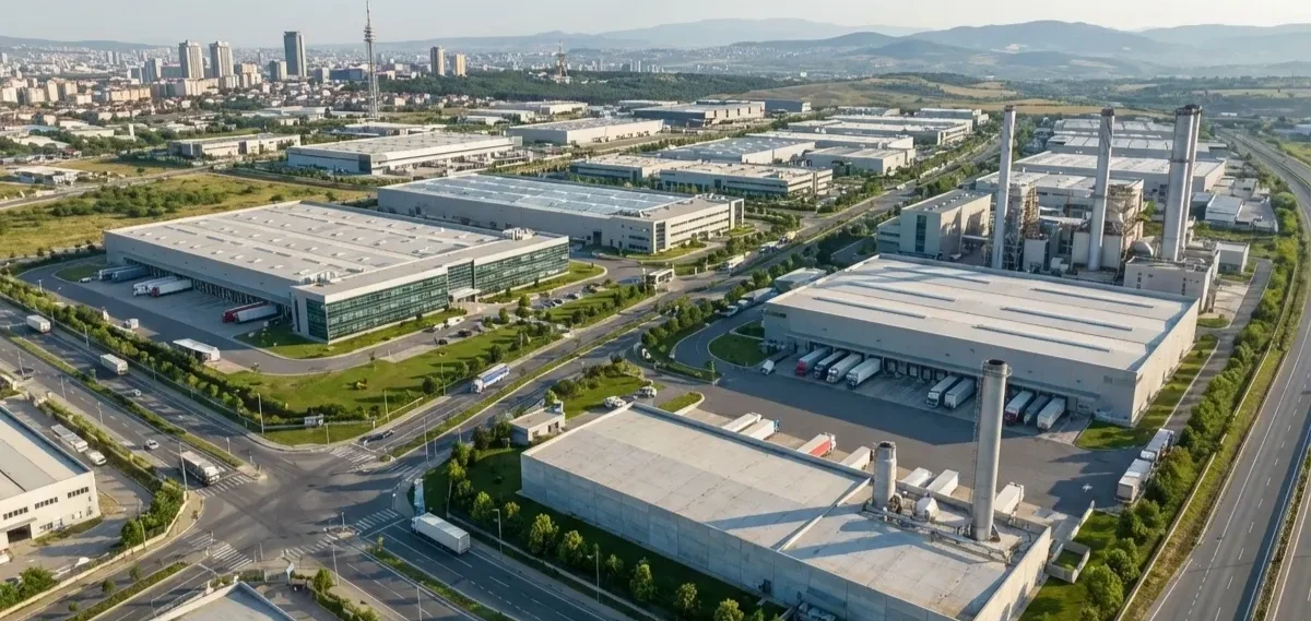 도시 외곽에 위치한 산업단지 전경 / AI 생성
