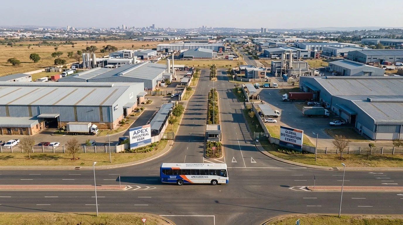 도시 외곽에 위치한 산업단지 내 노선을 운행 중인 통근버스 / AI 생성