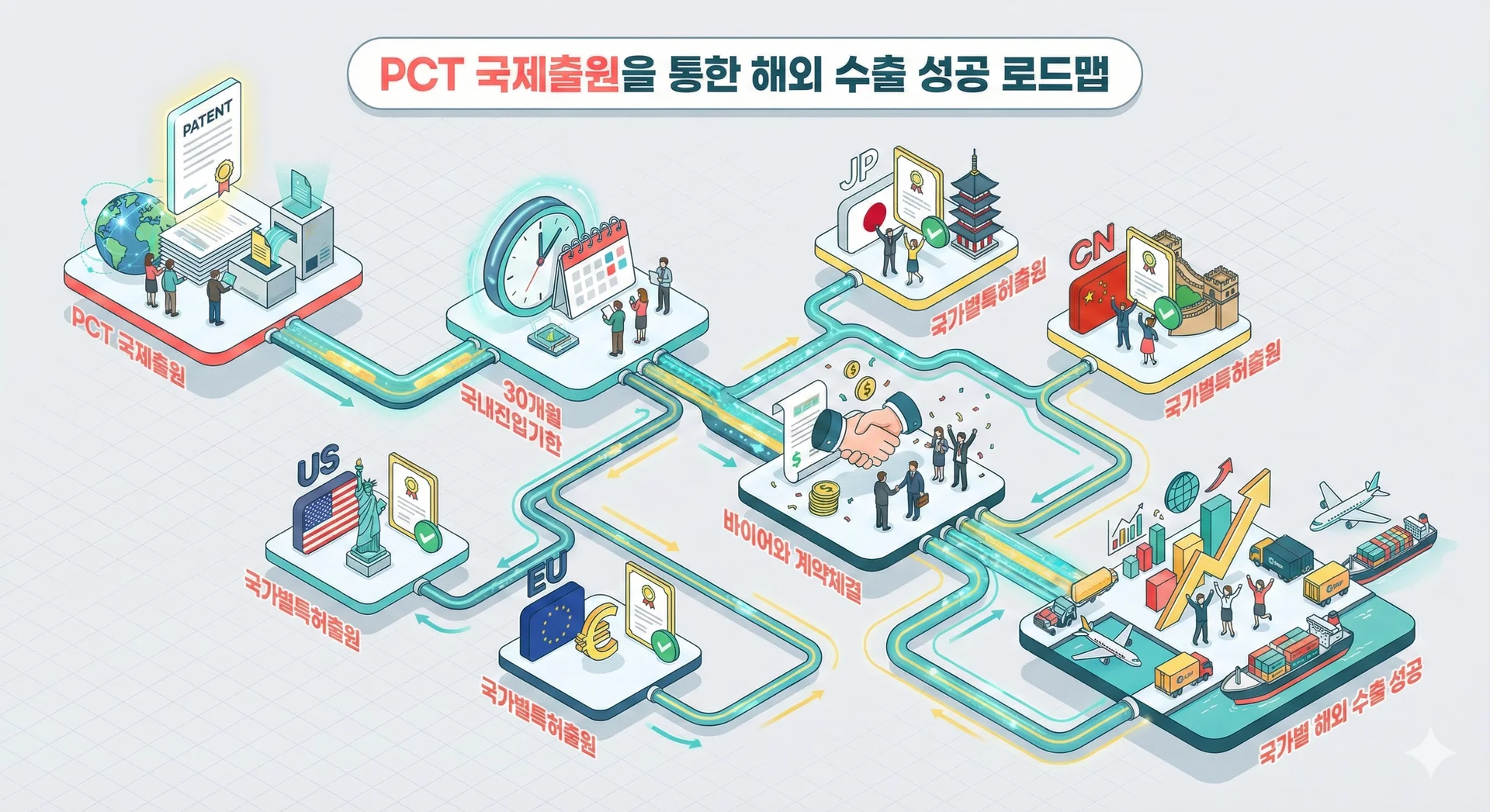 PCT 국제출원을 통해 미국·중국 외 유럽 시장까지 수출 가능성이 확장되는 사례 설명 이미지