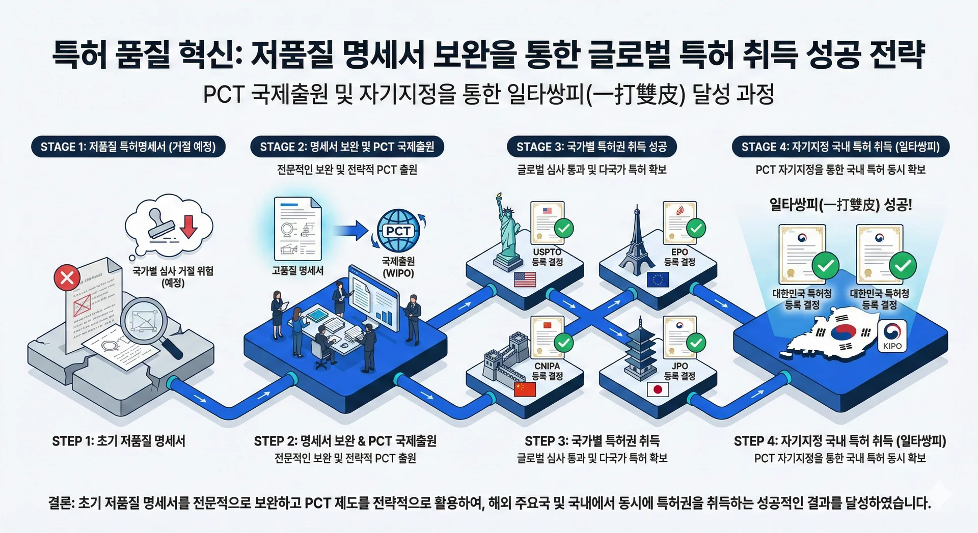 자기지정 제도를 활용해 국내 심사 결과를 반영한 명세서로 다시 심사를 받는 흐름 설명 이미지