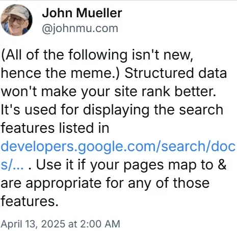 구글 검색 관계자 John Mueller가 스키마 마크업은 검색 순위 요소가 아니고 리치 결과 표시를 위한 용도라고 밝힌 공식 발언 이미지 | 리드젠랩