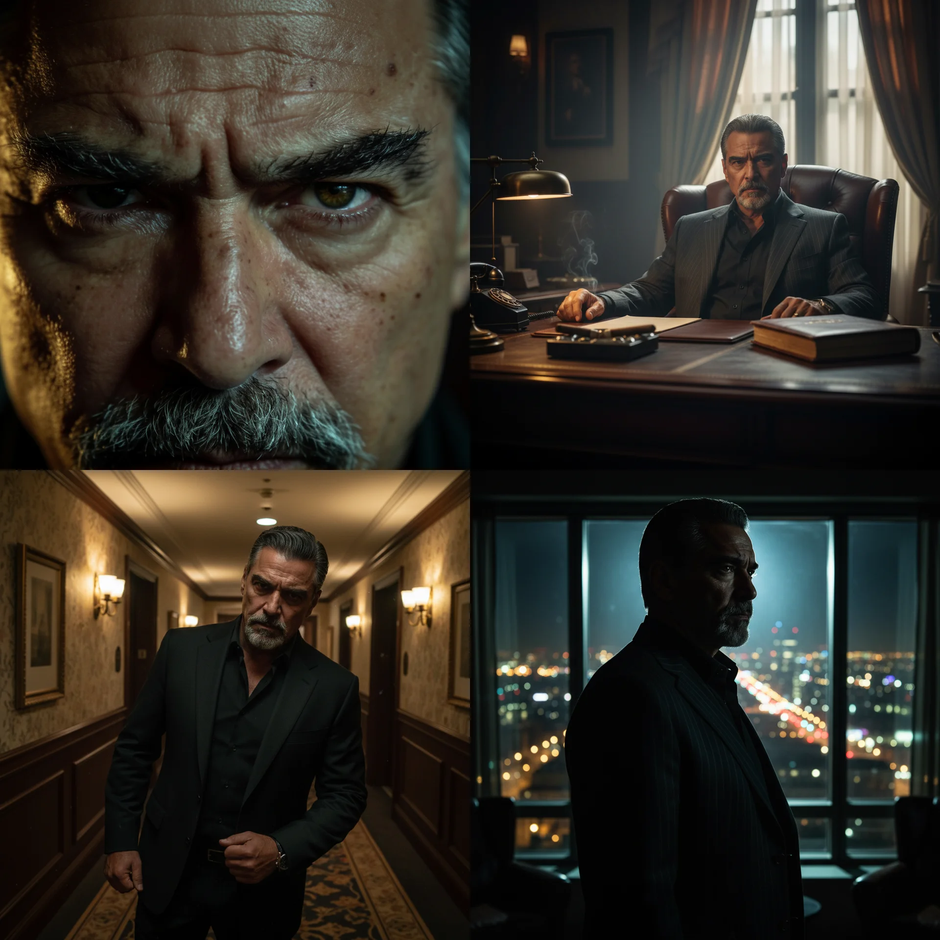 '분노한 마피아의 침묵'을 연출하는 4가지 방법. 시계방향으로 익스트림 클로즈업, 로우앵글+미디움샷, 실루엣+림라이트, 더치 앵글로 연출한 예시를 보여줌.