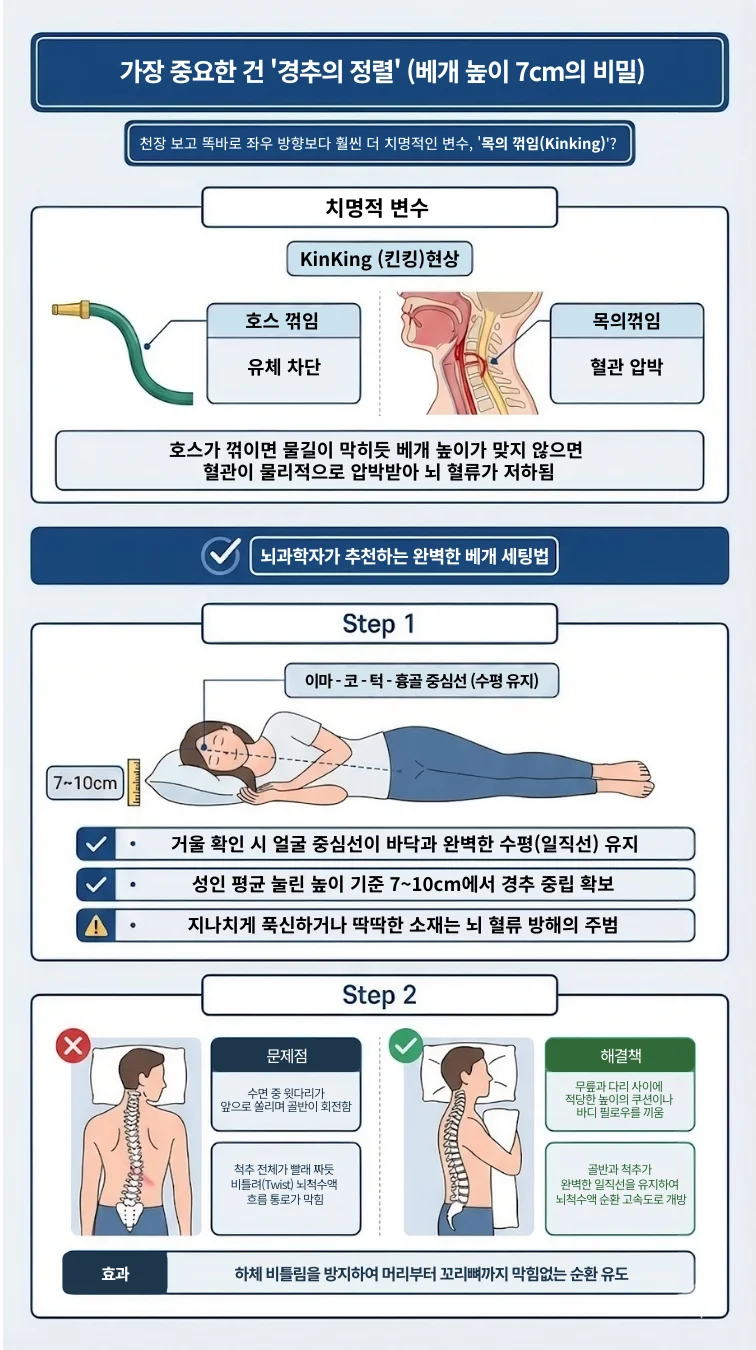 뇌 혈류 흐름을 방해하는 목의 꺾임(Kinking 현상)과 올바른 베개 높이(7~10cm) 가이드 인포그래픽. 하단에는 바디 필로우 사용 유무에 따른 척추 비틀림 차이를 보여주는 해부학적 투시도를 통해, 뇌척수액 순환을 위한 경추와 척추의 일직선 정렬 중요성을 시각화함
