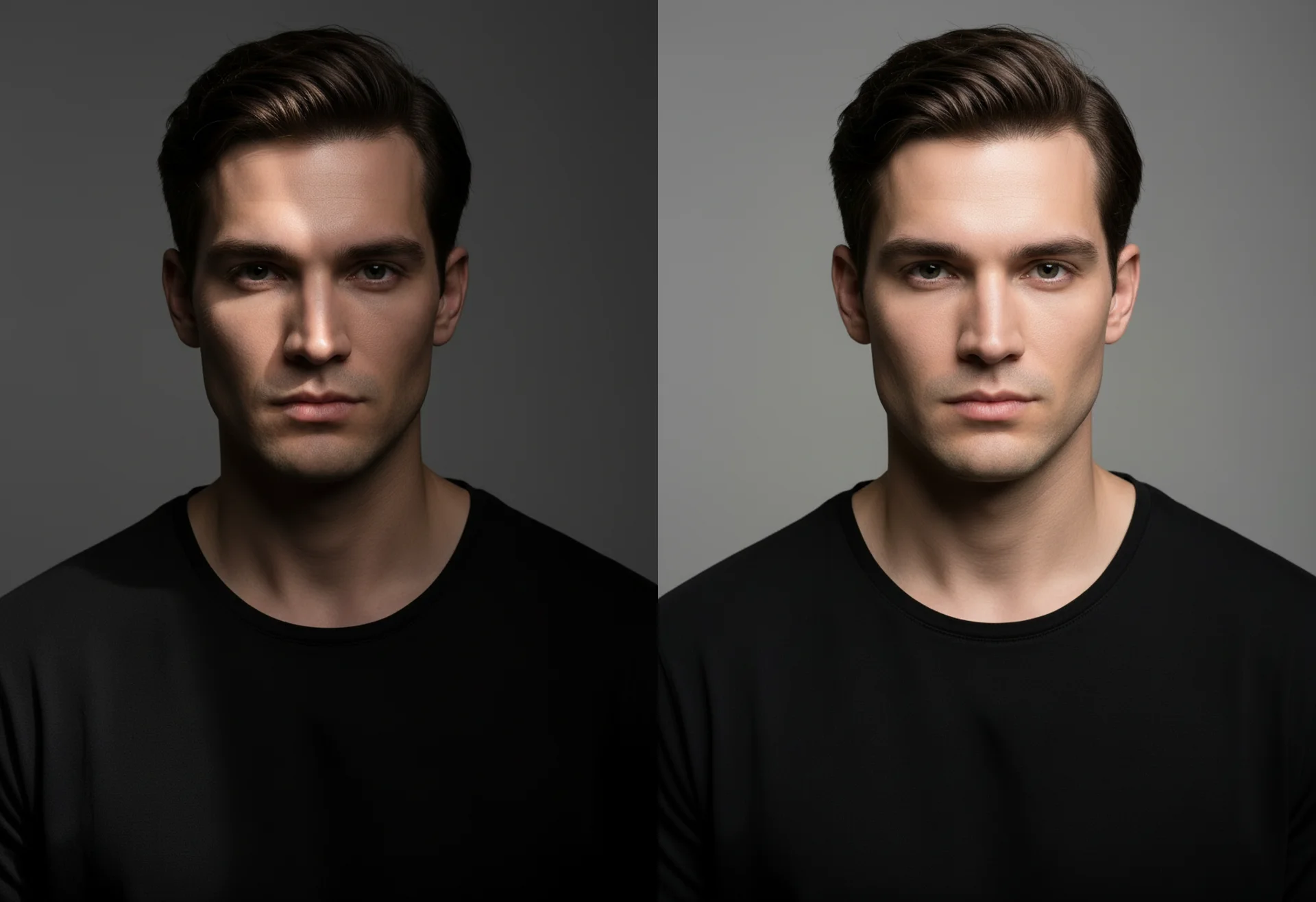 인물 중심 영화 조명 기법 비교: 뺨의 역삼각형 빛이 강조된 렘브란트 라이팅과 코 아래 그림자가 특징인 버터플라이 기법