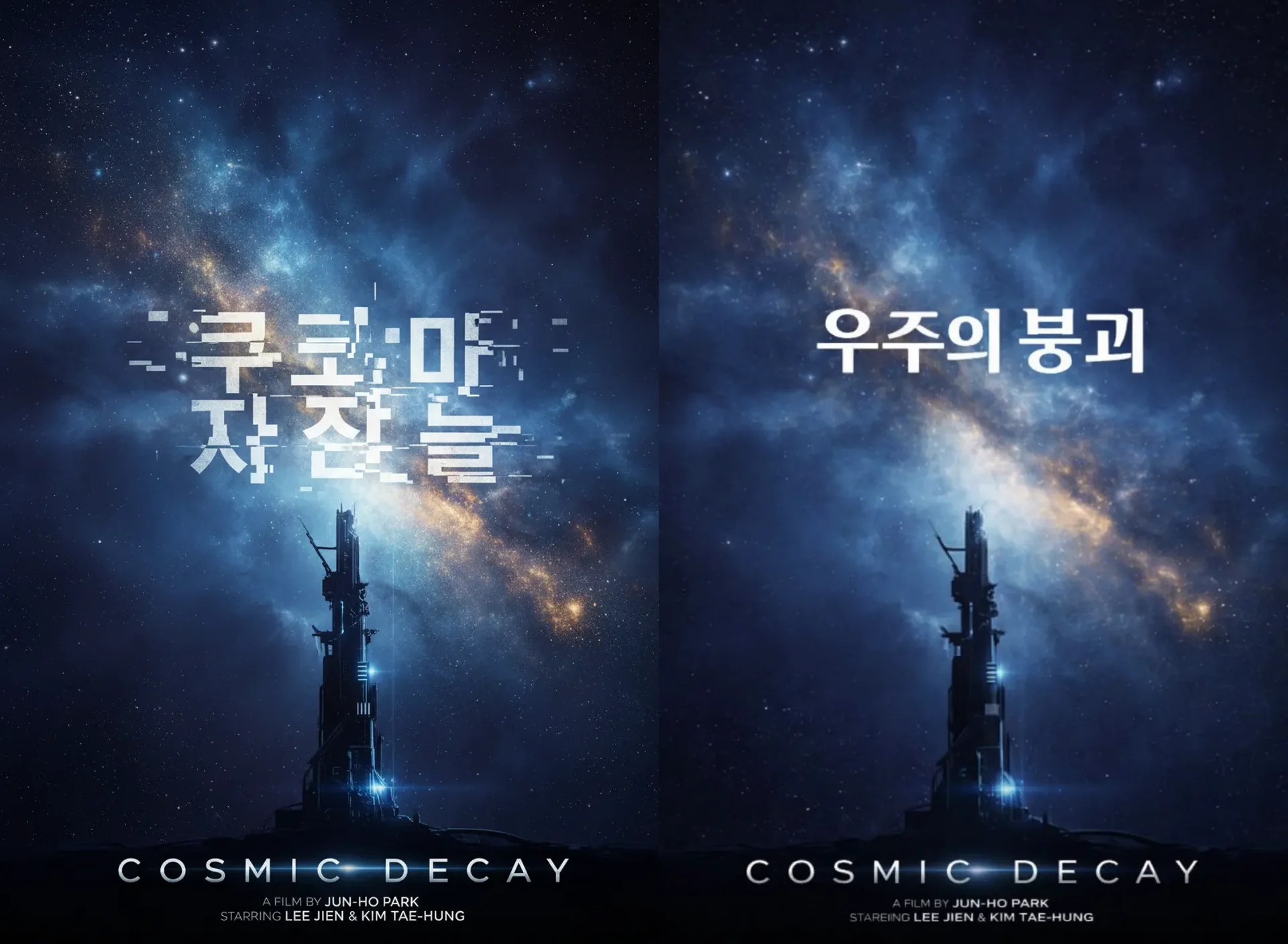 AI로 제작한 우주 배경의 SF 영화 포스터 예시. 기존 디자인 AI에서는 한글 텍스트가 깨졌지만, 캐럿으로 생성한 결과물은 깔끔하게 표현되어 있다.