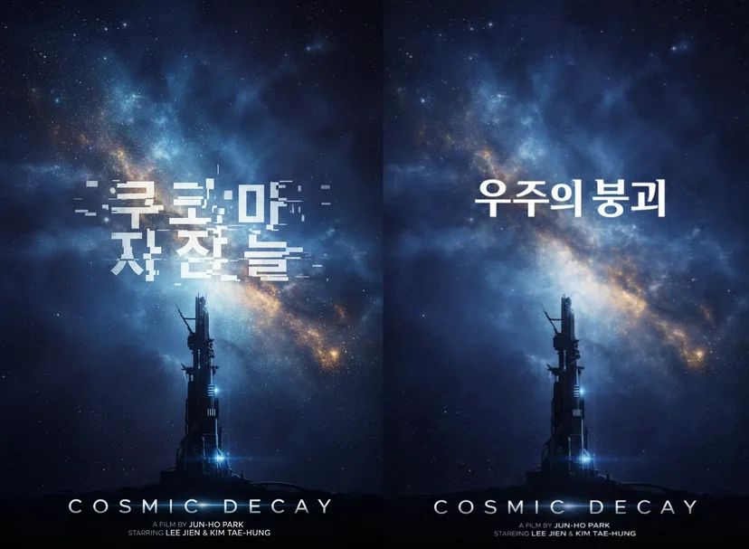 AI로 제작한 우주 배경의 SF 영화 포스터 예시. 기존 디자인 AI에서는 한글 텍스트가 깨졌지만, 캐럿으로 생성한 결과물은 깔끔하게 표현되어 있다.