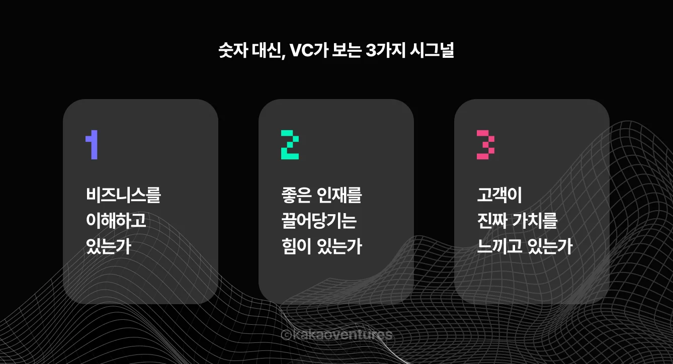 딥테크 투자자가 주목하는 3가지 핵심 시그널을 카드형으로 정리한 이미지. 첫 번째는 '기술을 휘어잡는 사람인가', 두 번째는 '좋은 사람을 끌어당기는 힘이 있는가', 세 번째는 '고객이 진짜 가치를 느끼고 있는가'를 보여준다.