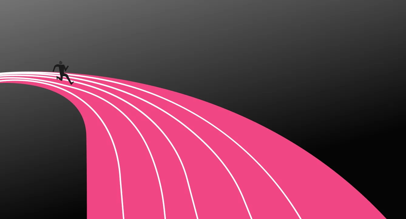 트랙 위를 달리는 러너 일러스트. 딥테크 스타트업이 매출 발생 전 긴 호흡의 레이스에서 중간 성과를 쌓아가는 과정을 시각적으로 표현하고 있다.