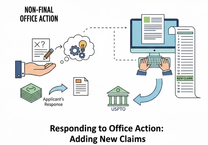미국특허출원후 Office Action에 대응하기 위해 Response를 준비하면서 청구항을 신설하는 것이 가능한 경우를 설명하는 이미지