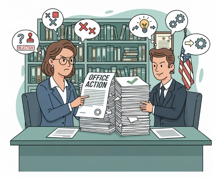 심사관의 의견제출통지(OfficeAction)과 변리사의 의견서(Response)를 통한 공방을 설명