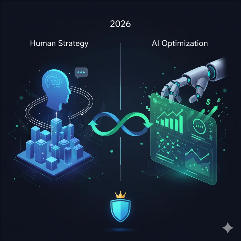 인간의 전략적 인사이트와 AI 자동화 기술이 결합된 헬로맥스의 Hybrid AI 광고 대행 모델 개념도
