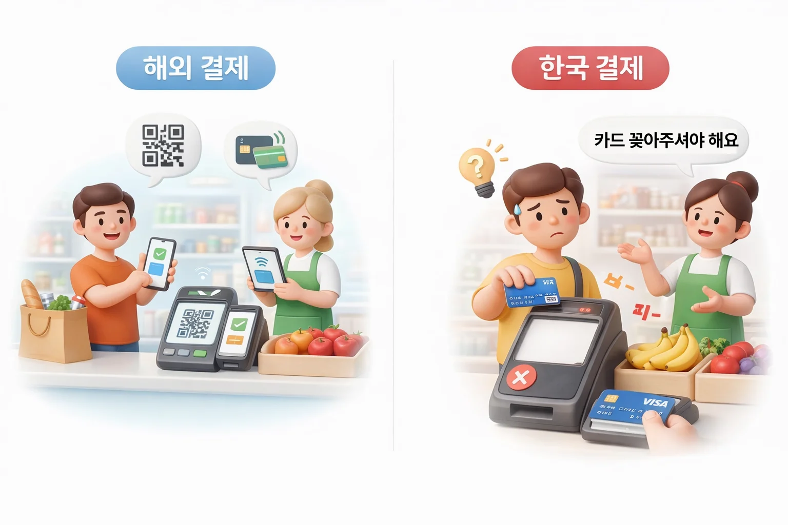 해외에서는 QR코드·모바일 페이로 간편하게 결제하는 모습과, 한국에서는 실물 카드를 요구하며 결제 오류로 불편을 겪는 상황을 대비해 표현한 이미지