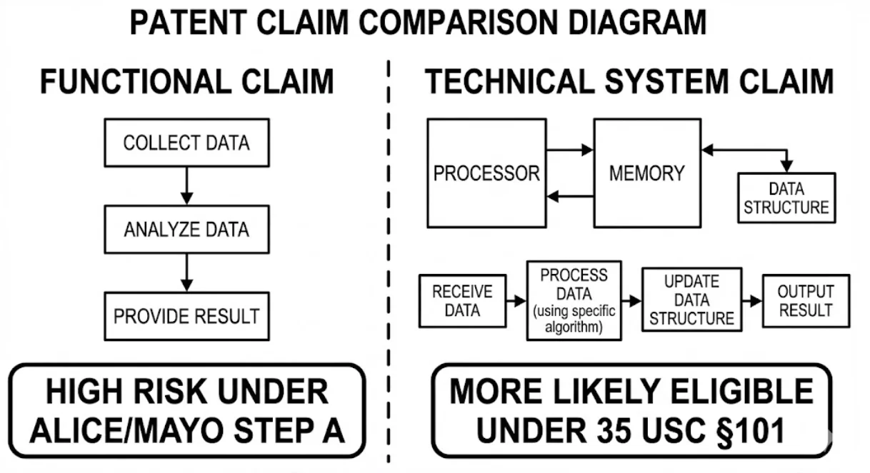 기능 중심으로 작성된 소프트웨어 청구항과 기술적 시스템으로 한정된 청구항의 구조 비교도
