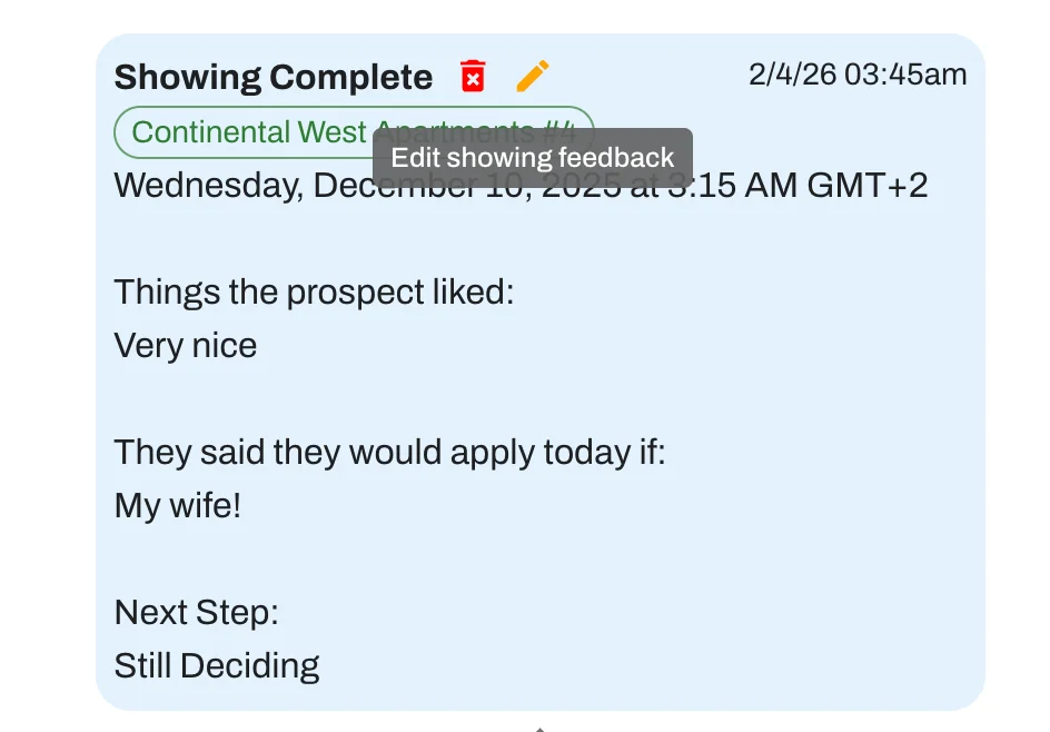 Modify and close out past showings in the Command Center. 