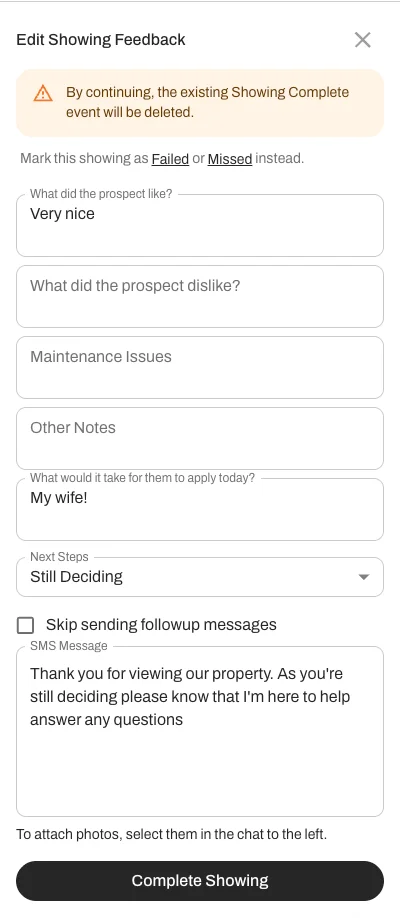 Edit Showing Feedback once a showing has been completed.