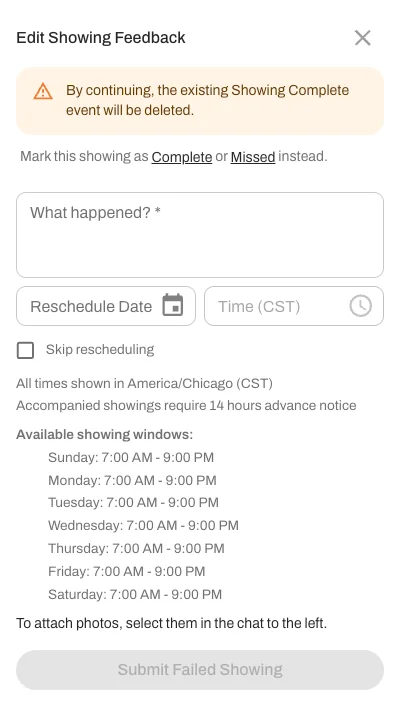 Mark a showing as "Failed" and include a short explanation for why it failed. 