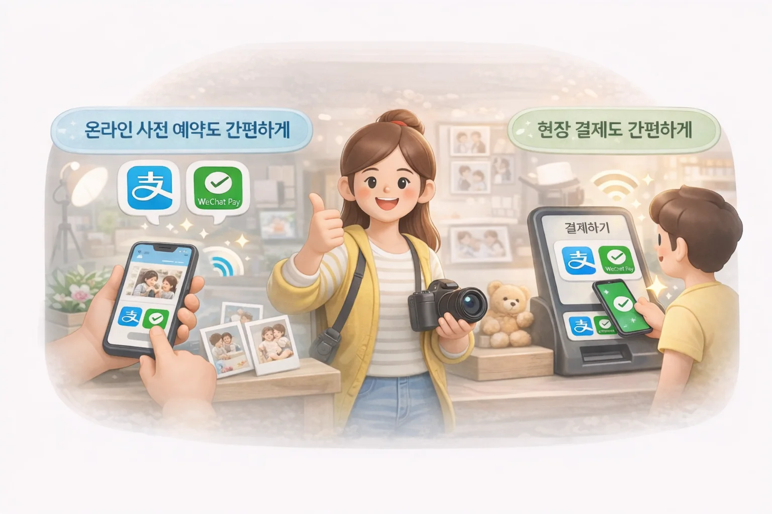 알리페이와 위챗페이를 활용해 온라인 사전 예약과 오프라인 현장 결제를 모두 간편하게 진행하는 사진관 결제 환경을 표현한 이미지