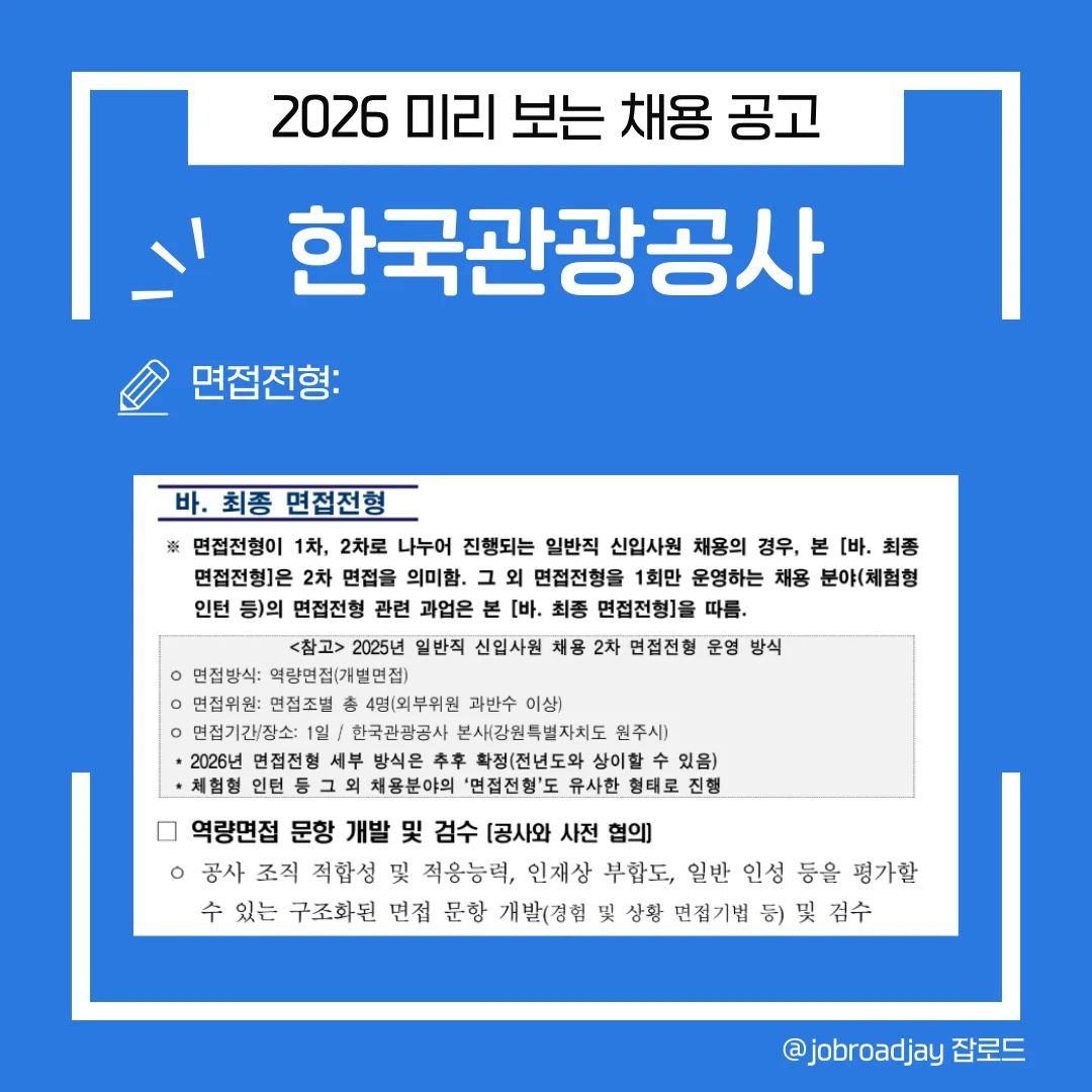 한국관광공사 2차 면접전형 구성안. 일반·장애 부문의 직무능력 및 외국어 면접, 전문 부문의 직무능력 및 기술면접 시간 배분과 주요 평가 내용 안내.