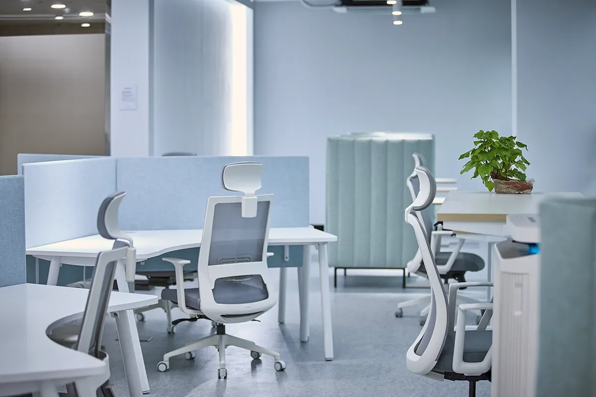 가평 자라섬 워케이션 센터 2층 오피스의 사무용 데스크와 몰입형 업무 공간