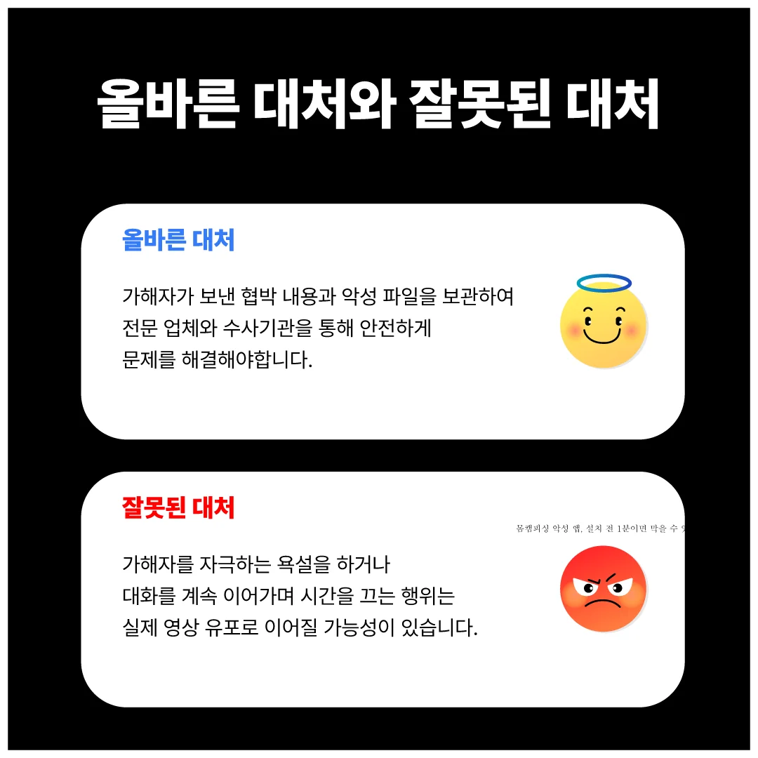 몸캠피싱에 올바른 대처와 잘못된 대처를 간단하게 표현한 이미지