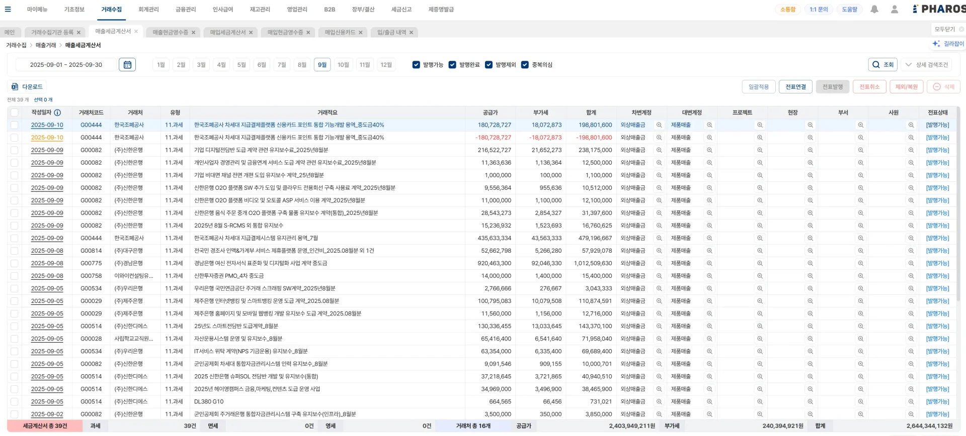 2025년 9월 거래처별 매출세금계산서 내역을 상세히 보여주는 ERP 시스템 화면으로, 거래 일자, 거래처명, 공급가, 부가세, 합계 금액과 전표 상태 등이 체계적으로 정리되어 있는 모습