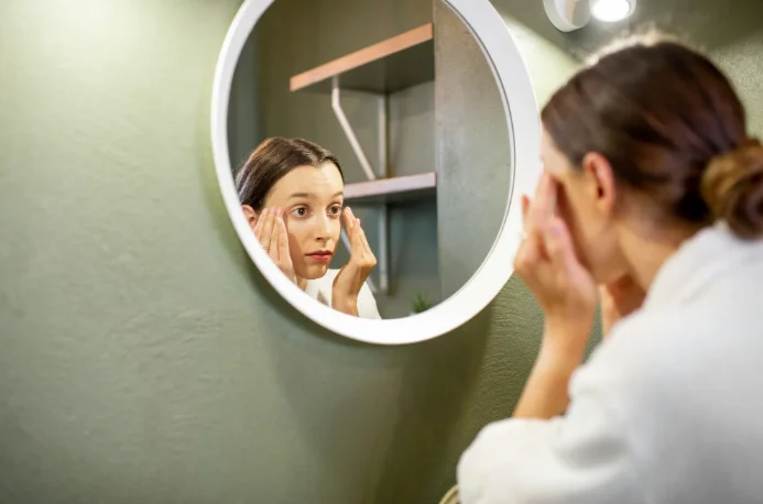 약산성 클렌저로 세안 후 피부의 당김이나 회복 흐름을 직접 확인하는 여성