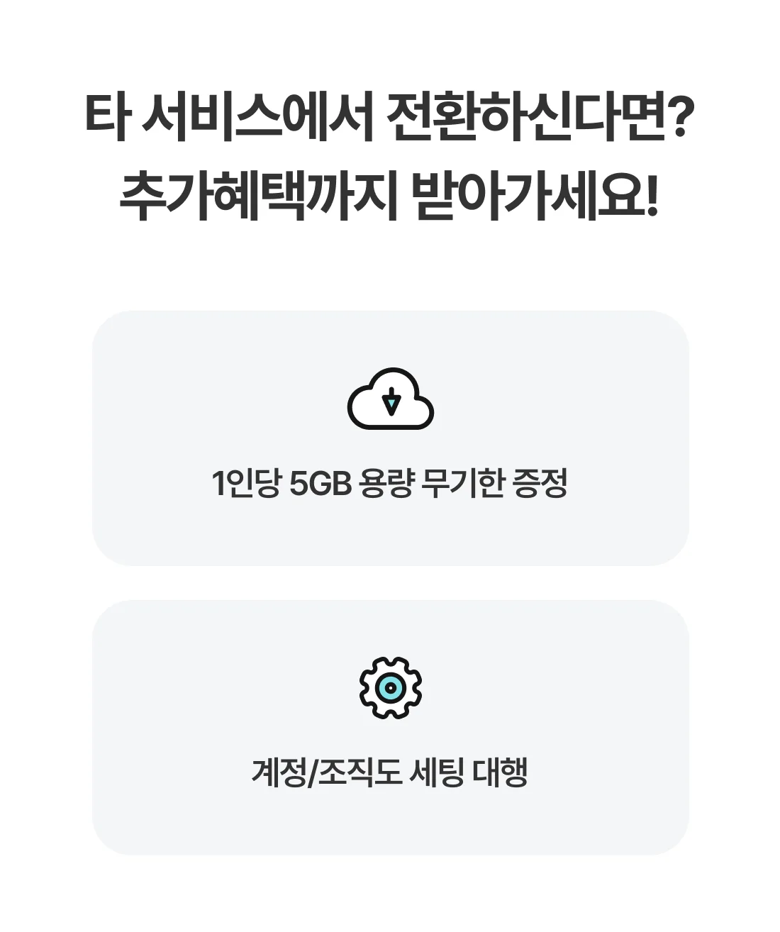 타 서비스에서 다우오피스로 전환 시 제공되는 혜택, 1인당 5GB 저장 용량 무기한 증정과 계정·조직도 세팅 대행 안내